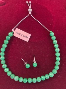 .925 Sterling Silver Burmese Green Jade Bead BOLO Bracelet and Stud Earring Set - Picture 1 of 12