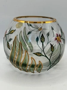 Rumänien Kristall handbemalt Rose Schale Vase lila Blumen floral Goldrand - Bild 1 von 6