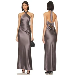 Retrofete Ester Gown Maxi Dress Halter Neck Draped Satin Tie Back Charcoal Sz M - Picture 1 of 18