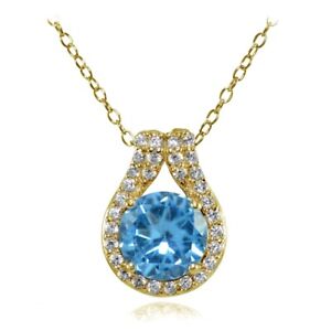 Gold Tone over Silver Simulated Blue Topaz Round Halo Necklace with CZ Accents