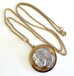 Vintage F&T To Jesus Thru Mary Two Tone Celluloid Medal Pendant Necklace - Picture 1 of 7