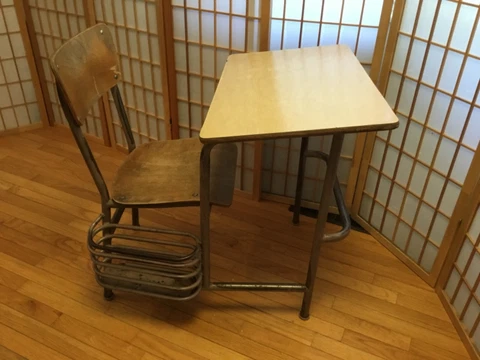 Vintage School Desk with Attached Chair + Metal Spiral Book Holder Local Pickup Cover