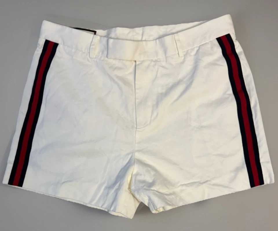 Pantalones Cortos GUCCI con Certificado de Autenticidad Para Mujer Blanco Fresco Algodón Rojo Azul Marino Tiras Laterales Jp 50 EE. UU. 17,5 pulgadas Foto 1 de 4