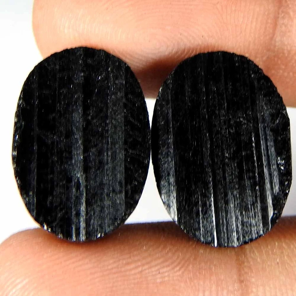 36.35Cts100%Natural Black Tourmaline Druzy Oval Pair Cabochon Gemstones - Image 1 of 3