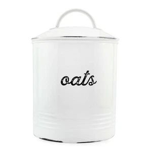 Bote de avena esmaltado blanco para granja, almacenamiento de cocina estilo rústico en dificultades - Imagen 1 de 10