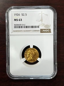 1926 $2.5 Gold Indian Head Quarter Eagle NGC Graded MS 63 - Picture 1 of 4