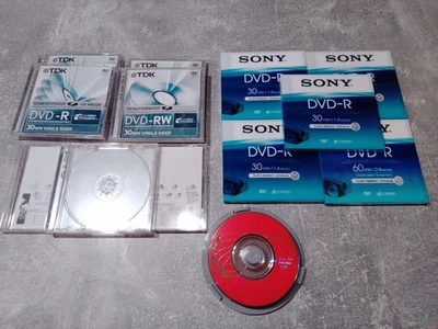 5 x Sony DVD-R 30min 1,4GB Rohling Video Kamera + 7 TDK DVD-RW Rohling + 7 Hülle - Bild 1 von 2