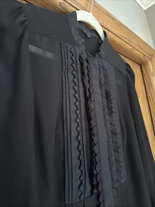 Ted Baker Sheer Black Button Up Blouse Top Ribbon Wide Cuff Sheer Bib Sz 1 Lace - Picture 1 of 10