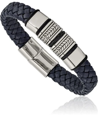 Stainless Steel Braided Blue Black Silicone Chain Leather Bracelet - Image 1 of 4