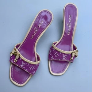 Louis Vuitton Pink Monogram Denim Kitten Heels Mules Slides Size EU 37 - Picture 1 of 16