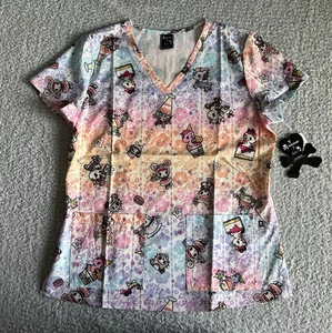 Koi Tokidoki Scrub Top Women’s Sz Medium Blue Sweet Cafe Leslie Nursing Medical - Picture 1 of 11
