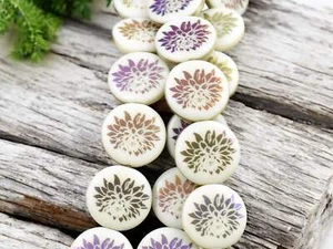 17mm Opaque Ivory Sliperit Laser Etched Czech Glass Dahlia Coin Beads - 8 Beads - Picture 1 of 4
