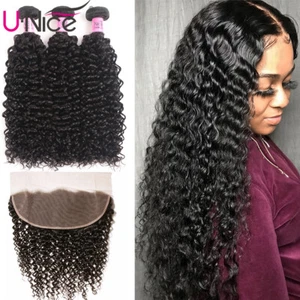 UNice Malaysian Curly Bundles with HD Lace Frontal Closure Human Hair Extensions - Picture 1 of 12