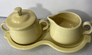 Vintage Fiesta Ware USA Creamer & Sugar Bowl With Lid And Tray Yellow EUC - Picture 1 of 10