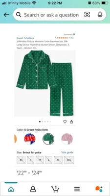 Conjunto de pijama de satén para niñas y mujeres color verde/lunares blancos talla mediana Foto 1 de 2