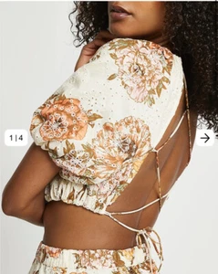 River Island Broderie White Floral Tie Back Puff Sleeve Crop Top UK 16. RRP £28 - Picture 1 of 11