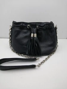 HALOGEN Black Pebbled Leather Purse Chain Shoulder Strap Tassel 8x6x4 Circular - Picture 1 of 6