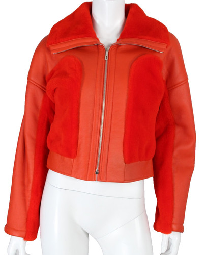 HERMÈS Giacca HERMES arancione fuoco pelle di agnello e pelliccia di shearling cropped zip fronte 38