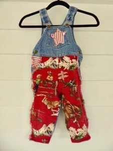 Vintage Oh Baby! Brand Barkcloth Embellished Cowboy/ Cowgirl Toddler Overalls 3 - Picture 1 of 11