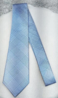 Mens BLUE CHECK Wedding Necktie Groomsmen BABY BLUE w/ DARK LINES Woven Silk Tie - Image 1 of 4