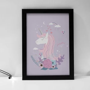 Purple Flower Unicorn Kids Baby Girls Room Playroom Decor Prints Nursery - Picture 1 of 1