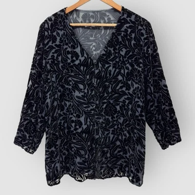Vintage Velvet Burnout Button Up Womens XL Cardigan 3/4 Sleeve Sheer Goth Witchy - Image 1 of 4