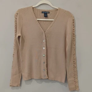 Saint Tropez West Cardigan V-Neck Tan size Medium 100% Cotton - Picture 1 of 8