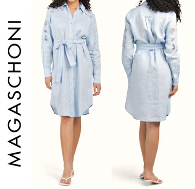 Vestido Camisa MAGASCHONI 100 % Lino Bordado Floral en Azul Claro Talla L $198 Foto 1 de 4