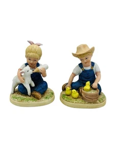 Homco Home Interiors Denim Days "New Beginnings" Figurines #1500 2Pc Farm Kids - Picture 1 of 5