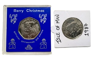 1987 & 1991  Isle Of Man Christmas Large 50p pence coins  Christmas Xmas - Picture 1 of 2