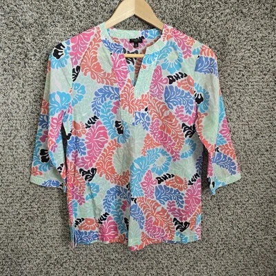 Talbots Top Womens SP Petite Small Pink Blue Semi Sheer V Neck Floral Blouse - Image 1 of 4