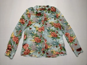 Blusa Alice + Olivia Mediana Floral Azul Manga Larga Diseñador Transparente P146 - Imagen 1 de 12