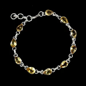 925 Sterling Silver Bracelet Pear Citrine 9x6mm Natural Gemstone Jewelry 8inches - Picture 1 of 14