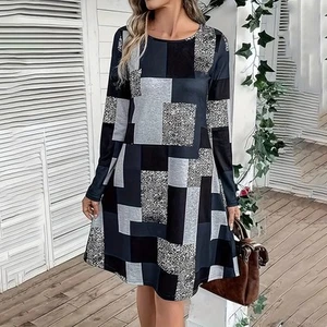 Women's Round Neck Long Sleeve Dress  - Picture 1 of 14