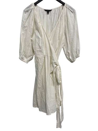 OFF WHITE Abito Banana Republic manica a sbuffo avvolgente lino taglia small bianco sporco minimalista