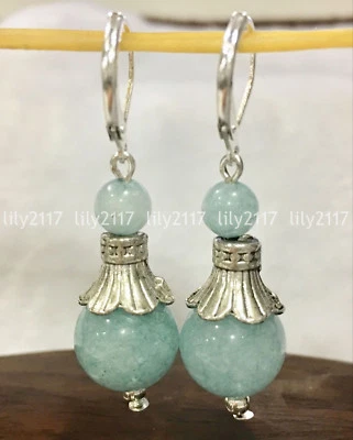 Pendientes colgantes de plata tibetana con piedras preciosas redondas de aguamarina azul natural de 6-12 mm Foto 1 de 3
