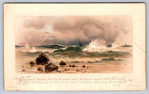 Antique Victorian Era Christmas Card, Signed W. Hagelberg, Seascape - Picture 1 of 2