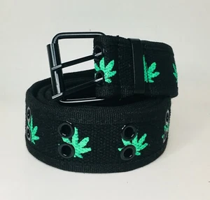 Hombres Mujeres Unisex Ojal de 2 Agujeros Cosido Militar Tela Cinturón de Lona Hoja de Marihuana - Imagen 1 de 4