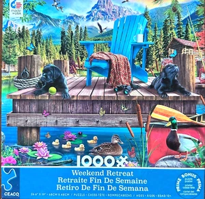 Weekend Retreat CMP HTF 1000 pc Puzzle Mountains 2 Black Labs Wharf Ducks Watchi - Picture 1 of 7
