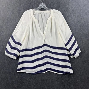 Joie Blouse Women's Large Ivory Blue Striped 100% Silk ¾ Balloon Sleeve - Picture 1 of 10