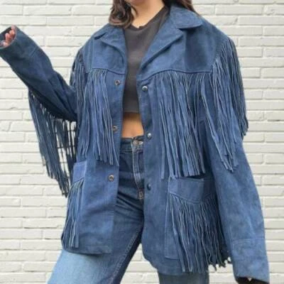 Women Blue Suede Leather Jacket WithFringes - American Native Western Style - Image 1 of 4