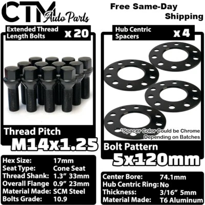4x 5mm Thick 5x120 74.1 CB Hubcentric Wheel Spacer Black 14x1.25 Bolt BMW X5 X6 Foto 1 de 4