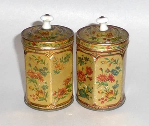 Latas de té litográfica antiguas de 4" victorianas raras perillas de porcelana hexágonas para niños - Imagen 1 de 6
