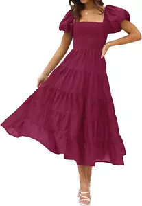 Women'S 2025 Summer Square Neck Short Puff Sleeve Solid Color High Waist Casual - Picture 1 of 12