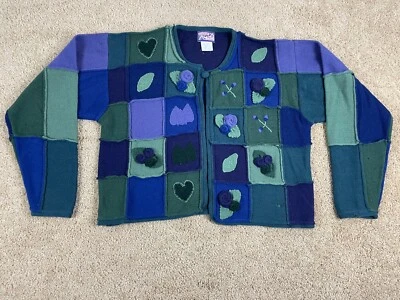 Cárdigan suéter vintage April Cornell para mujer M lana tejido retazos azul verde Foto 1 de 4