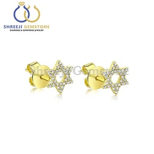 Natural Diamond Open Star Stud Earrings 14k Yellow Gold Handmade Classic Jewelry - Picture 1 of 4