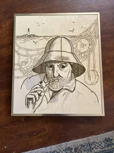 LINEN EMBROIDERY SAILOR CAPTAIN FISHING BOAT PIPE LIGHTHOUSE NAUTICAL LG READ - Picture 1 of 9