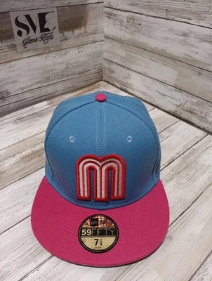 Gorra de béisbol New Era 59fifty ajustada talla 7-1/4 logotipo de México color azul y rosa. Foto 1 de 4