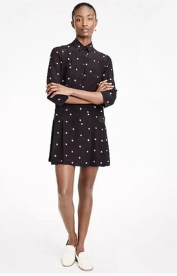 $148 Vestido de seda estampado para mujer J.Crew negro con pliegues abotonados de puntos blancos talla M Foto 1 de 4