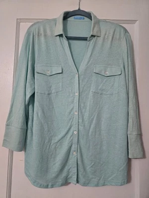 J McLaughlin 衬衫女式 XL 蓝绿色纽扣亚麻混纺口袋 3/4 袖上衣 — 第 1/4 张图片